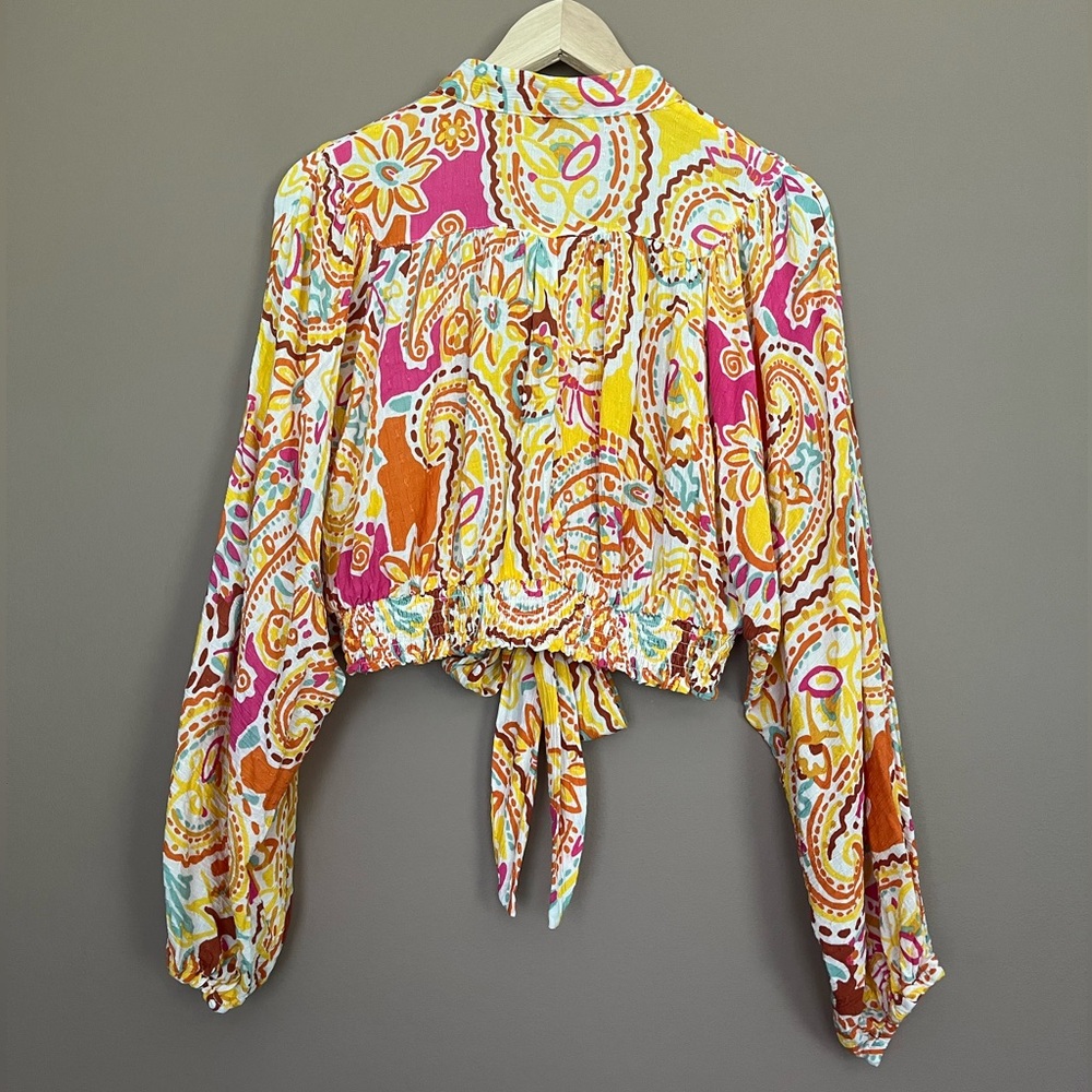 {Rachel Zoe} Long Dolman Sleeve Paisley Print Cropped Blouse - Womens Medium - Picture 5 of 9